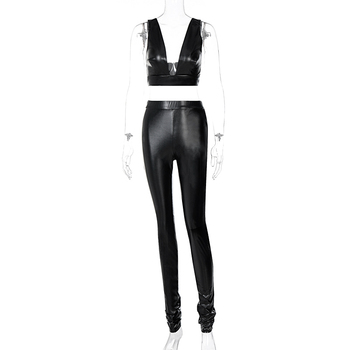 Hugcitar 2020 Sleeveless Solid Pu Leather Backless Bra Top Leggings 2 Pieces Set Autumn Winter Women Sexy Streetwear Tracksuit 6