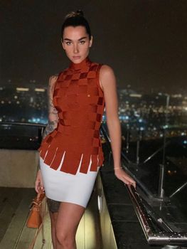 Top Quality Brown White Two Pieces Set Sleeveless Rayon Bandage Dress Cocktail Party Dress Vestidos 1