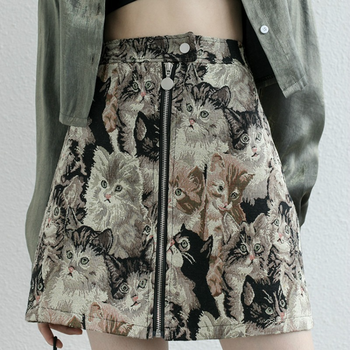 Harajuku Women Cat Pattern Skirts Korean High Waist A-Line High Waist Falda Mujer Vintage Cartoon Streetwear Female Skirt 1