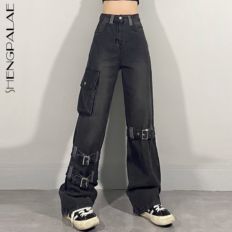 SHENGPALAE High Street Zipper Binding Jeans Women's Spring 2022 New High Waist Straight Loose Pocket Denim Cargo Pants 5B349 1
