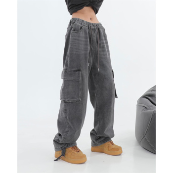 Gray Cargo Boyfriend Jeans Vintage Pockets Lace Up High Waist Wide Leg Casual Streetwear 1