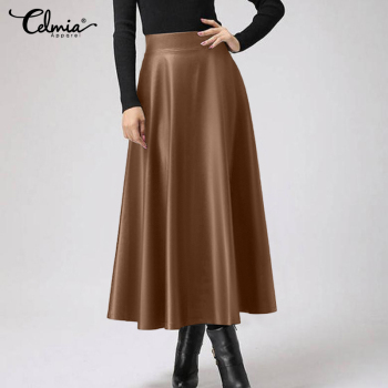 Celmia 2022 Autumn PU Leather Midi Skirts Women Elegant OL High Waist Party Skirt Fashion Office Lady Solid Jupe Street Faldas 1