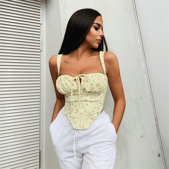 2021 Summer Women's Sexy Floral Off Shoulder Vest Low-cut Ruched Drawstring Bustier Backless Corset Crop Tops Camisole 3
