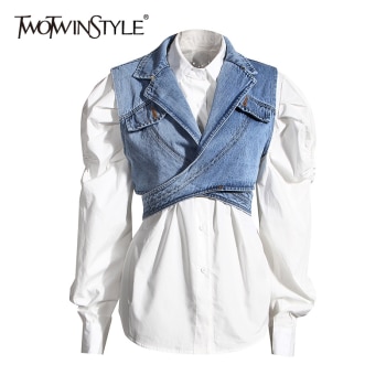 Lapel Puff Sleeve Shirt Sleeveless Denim Cross Coat Casual Sets  1