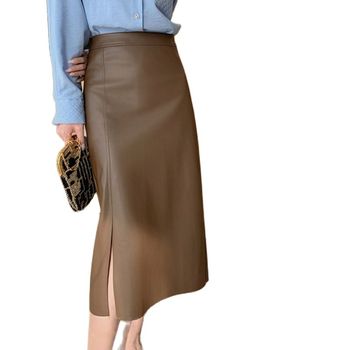 Seoulish Autumn Winter 2021 New PU Leather Women's Long Skirt High Wasit Skirt Female Straight Side Split A-line Pencil Skirts 6