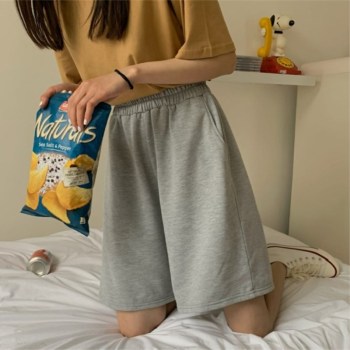 2021 Summer Shorts Women Elasticity Lovely Girls Korean Style Sweet Students Harajuku Simple Pure Gray Oversize Trousers Female 1