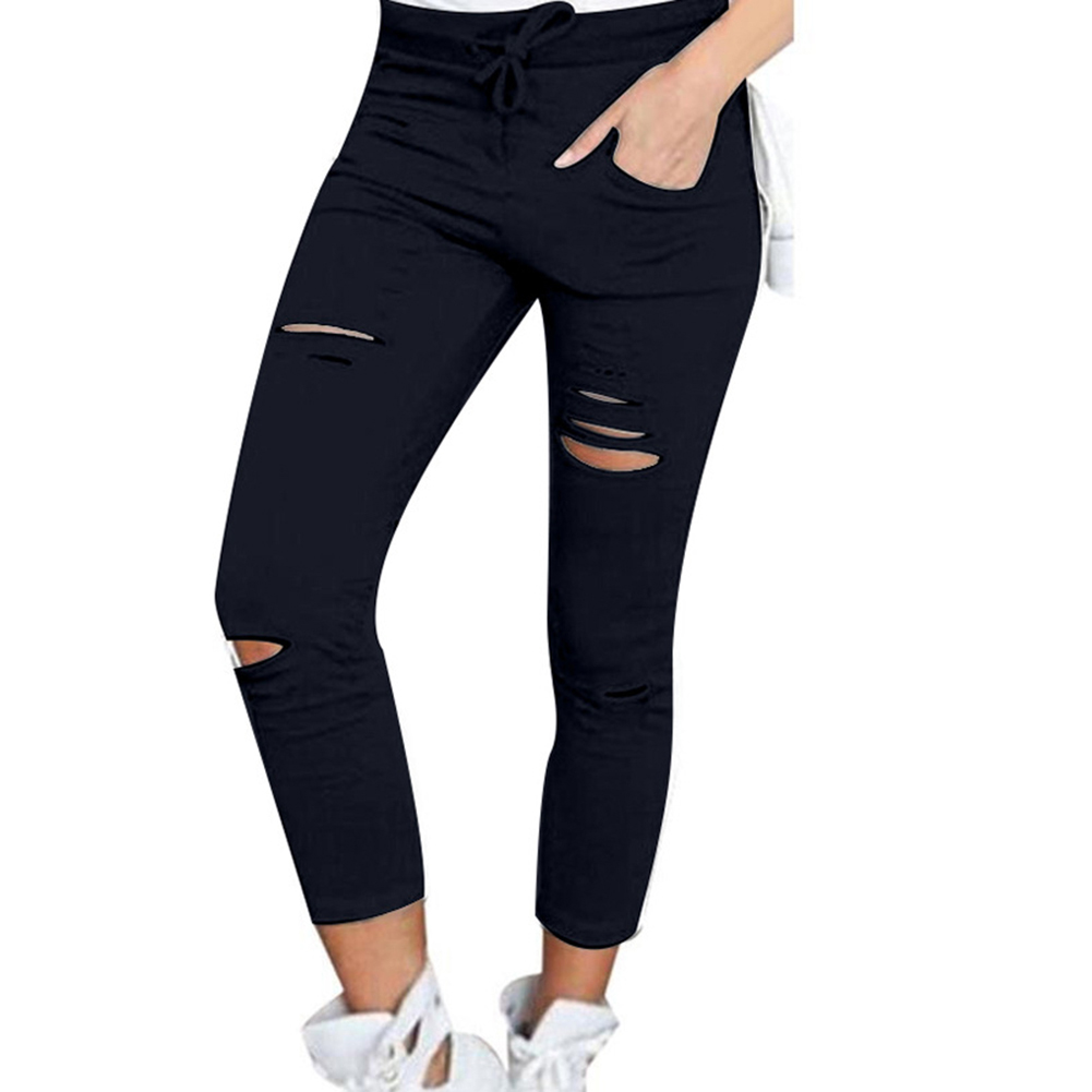 Plus Size Solid Color Drawstring High Waist Pencil Pants Ripped Skinny Leggings Elastic Sexy Skinny Thin-Section Pants For Women 3
