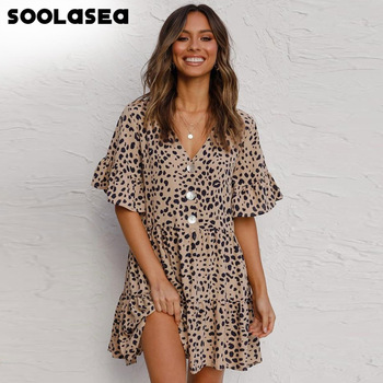 Soolasea 2021 Summer Style Women Mini Leopard Dress Summer Print Ruffles Short Sleeve V neck Party Sweet Beach Dress Vestidos 1