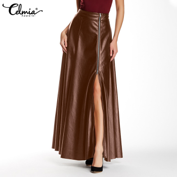 Celmia 2022 Autumn PU Leather Party Maxi Skirt Women Fashion High Waist Split Hem Long Faldas Casual Solid Color Zipper Jupes 1