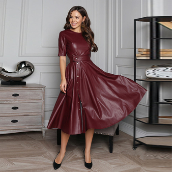 WOARCHO Casual O-Neck Half Sleeves Belt PU Leather Dresses Woman Solid Fit and Flare Mid-calf Dresses 2020 New Fashion 5