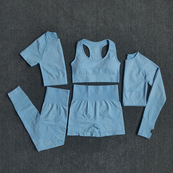 3 and 5PCS Seamless Women Yoga Set Workout Sportswear Gym Clothing Fitness Long Sleeve Crop Top High Waist Leggings Sports Suits 5