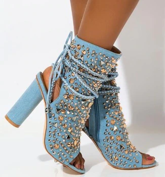 Light Blue Jeans Rivets Slingback Short Boots Woman Chunky Heels Peep Toe Spikes Lace Up Booties Ankle Boots 3
