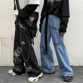 Graffiti printed street jeans women's gothic mopping loose wide-leg pants Harajuku street casual all-match jeans trousers women 1