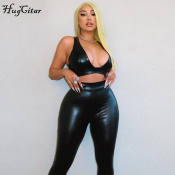 Hugcitar 2020 Sleeveless Solid Pu Leather Backless Bra Top Leggings 2 Pieces Set Autumn Winter Women Sexy Streetwear Tracksuit 1
