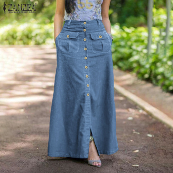 Women Retro Skirts ZANZEA 2022 Summer Denim Blue Long Skirt Casual Solid Split Bottoms Lady A-line Button Up Skirt Oversize 1