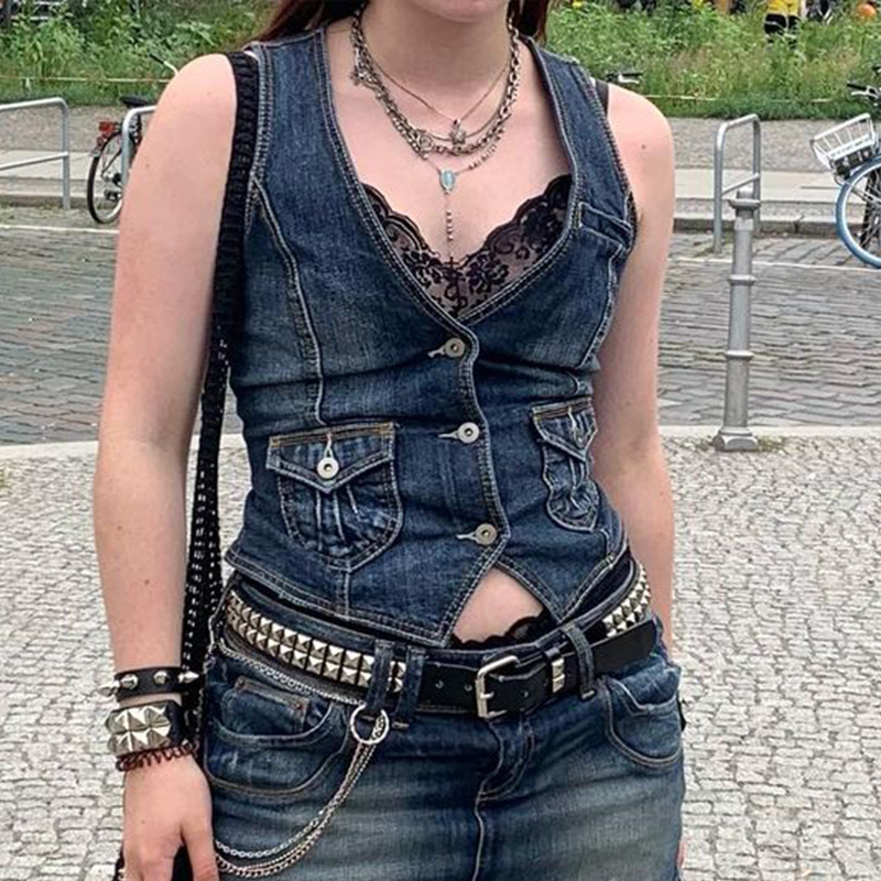Rapcopter Y2K Pockets Jeans Corset Top Button V Neck Cargo Retro Sweats Tank Tops Women Streetwear Aesthetic Vest Summer 90s Tee 3