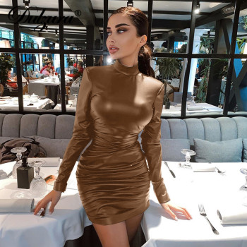 Dulzura Pu Leather Mini Dress Ruched Turtleneck Long Sleeve Bodycon Bandage Sexy Streetwear Party Elegant Autumn Winter Club 3