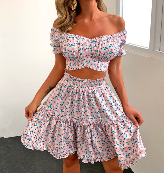 Two Piece Set Women 2021 Summer Bohemian Floral Skirts Set Off Shoulder Short Sleeve Crop Tops + A-line Skirt 2Pcs Sets Female 1