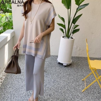 2021 Fashion summer Women's Ice silk thin Knitted sleeveless Pullover Two-Piece pant Suits +High Waist Loose Wide Leg Pants Set 4