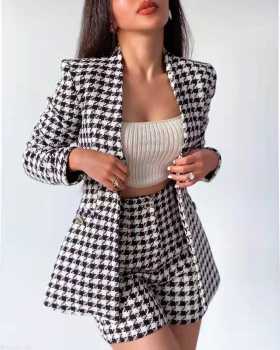 xikom 2021 Tweed Two pieces set Women Vintage V Neck Long Sleeve Office Lady slim Blazer Coat Female Hight Waist ​Shorts suit 1