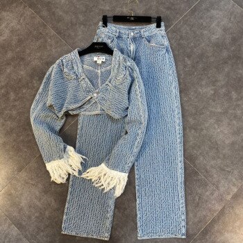 Denim Short Jackethigh Waist Full Jeans Two Piece Set  1