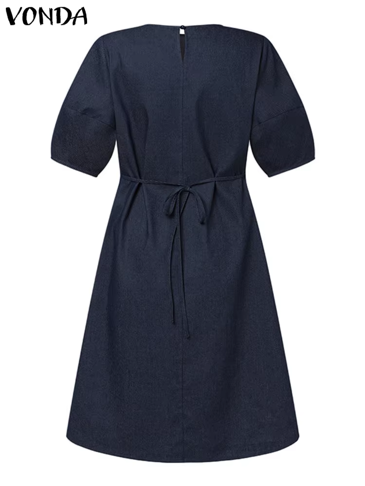 VONDA Women Dress 2023 Casual Short Puff Sleeve Party Denim Dress Elegant Sundress Solid Color Vestidos Bandage 5 VONDA Women Dress 2023 Casual Short Puff Sleeve Party Denim Dress Elegant Sundress Solid Color Vestidos Bandage 5