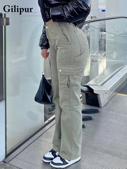Khaki Cargo Pants Jeans Women High Waist Slim Fashion Streetwear ArmyGreen Big Pockets Vintage Baggy Denim Trousers Overalls 6