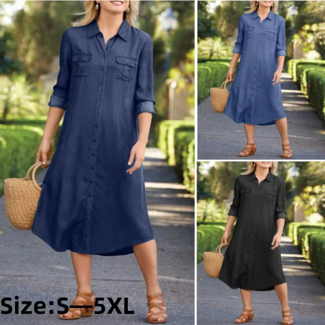 New2024 Women‘s Spring Denim Lapel Neck Vestidos Women Denim Long Dress Fashion Long Sleeve Shirt Robe Casual Loose Midi Dresses 1