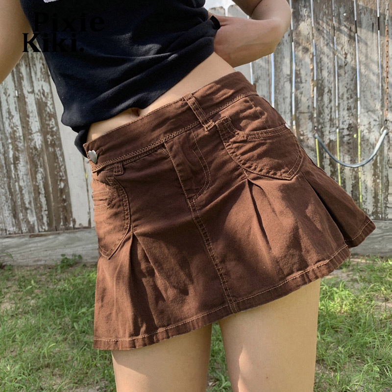 PixieKiki Y2k Grunge Brown Denim Pleated Skirt Harajuku Kawaii Sexy Jeans Mini Skirts Womens 2022 Indie Aesthetic P67-DZ30 1