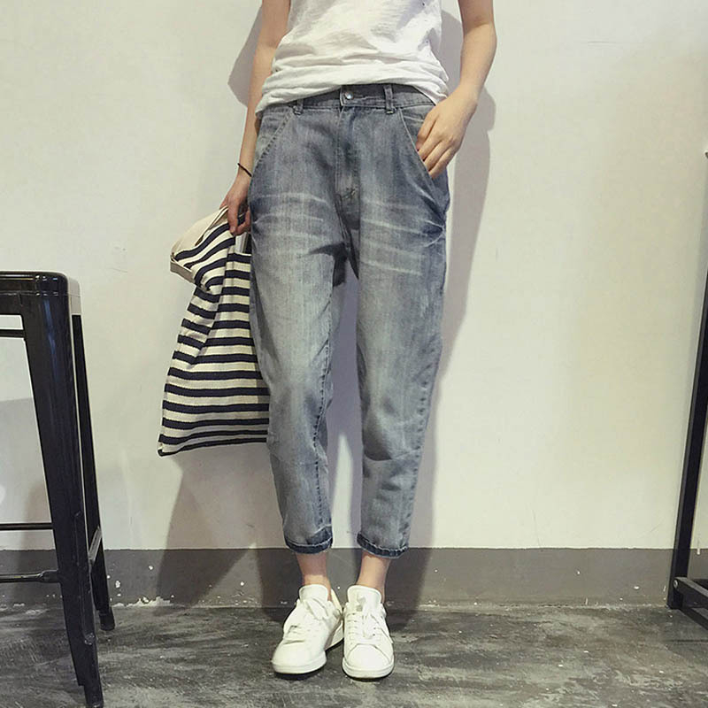 16023 Women's Jeans Spring Korean Style Loose Office Ladies Streetwear Solid Color Light Blue Elastic Bleach Scratch Denim Pants 1