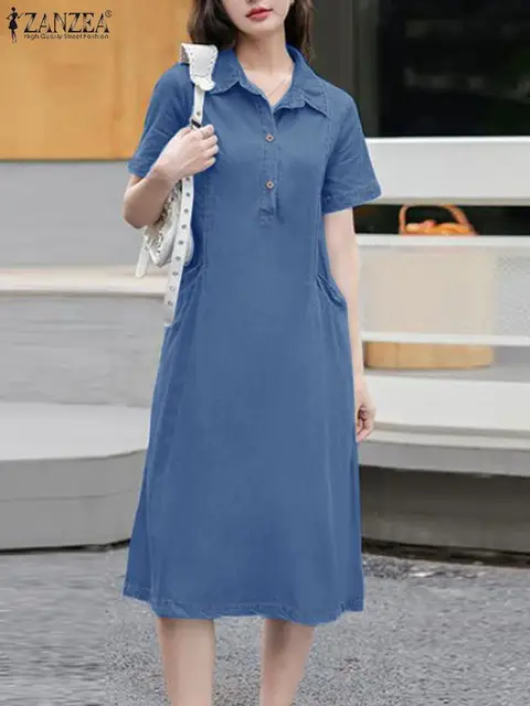 2024 ZANZEA Summer Lapel Neck Short Sleeve Denim Blue Dress Women Elegant Solid A-line Knee-length Sundress Casual Party Vestido 1