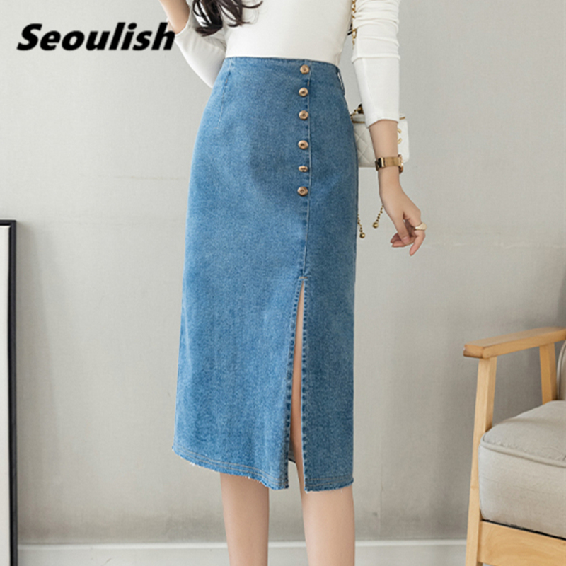 Seoulish Summer 2022 New Women's Denim Wrap Skirt Vintage High Wasit Jeans Skirt Female Buttons Side Split A-line Pencil Skirts 1