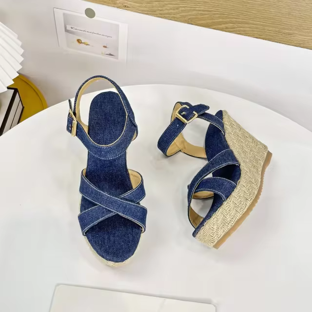 Women Denim Buckle Sandals High Wedges Heels Platform Jean Sandal for Ladies Party Casual Footwear New 1