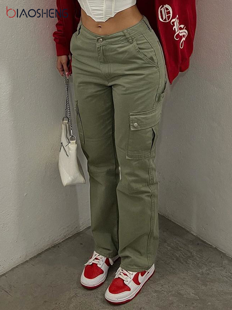 Summer Vintage Women Cargo Jeans High Waist Straight Leg Baggy Fashion Comfy Denim Trousers Mom Green Pockets Y2K Cargo Pants 1