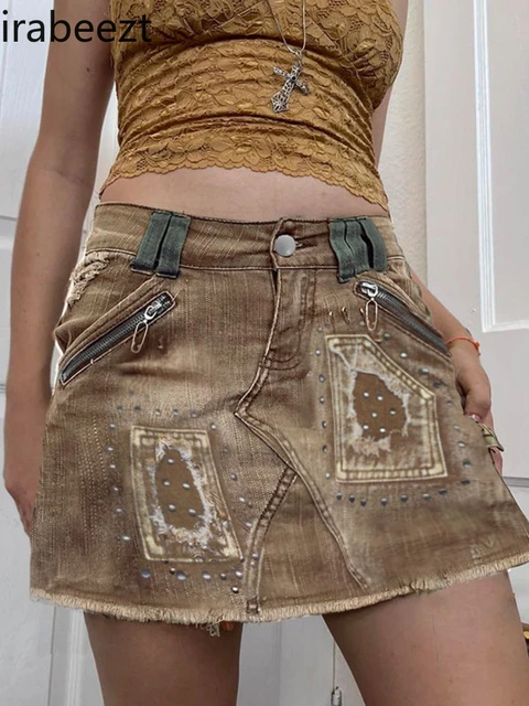 Fashion Pocket Zipper Rivet Denim Half Pack Native Style Spliced Raw Edge To Make Old Vintage Skirt Denim Summer Goth Clothes 1