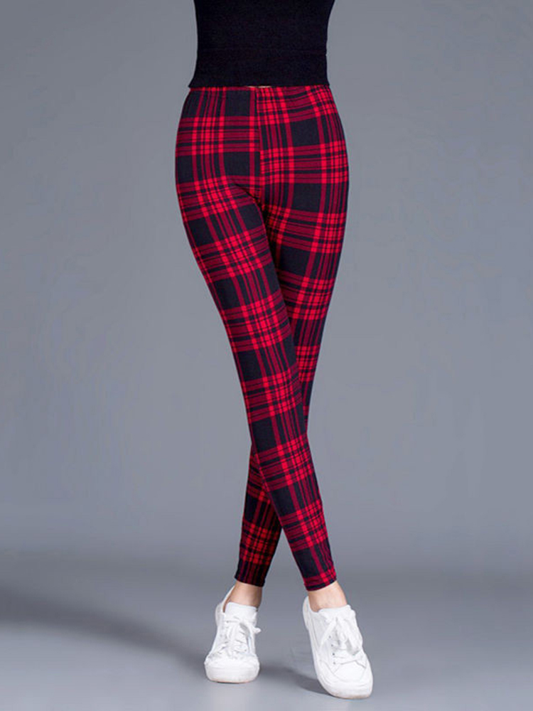 CUHAKCI Female Fitness Leggings Women Print Plaid Leggings Lady Sexy Slim Pencil Pants Push Up Elastic Waist Trousers 1