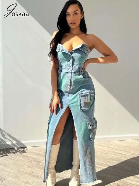 Joskaa Denim Tie Dye Print Maxi Dress Women Sexy Wrap Chest Single Breasted Front Split Bodycon Dress 2024 Spring Y2K Streetwear 1