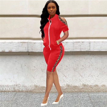 2022 Spring Autumn Leopard Two Piece Set Women's Tracksuit Short Sleeve Off Shoulder Coats Knee Length Short Sportswear Outfits 1