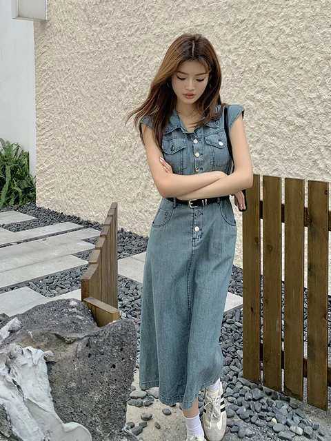 Retro Women Blue Sleeveless Pocket Design Straight Denim Dress 2024 Summer Elegant Party Jean Long Dresses Female Simple Korean 1