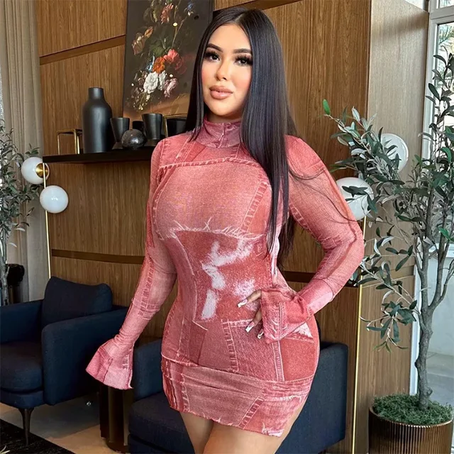 Fashion Sexy Women Denim Printed Mini Dress Blue Jeans Pattern Long Sleeve Bodycon Dress Party Lady Split Turtleneck Dress New 1