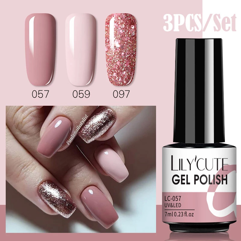 LILYCUTE 3 PCS Gel Polish Set Winter Color Glitter Sequins Matte Effect Gel Long Lasting Base Top Coat Nail Art Design Hybrid 1