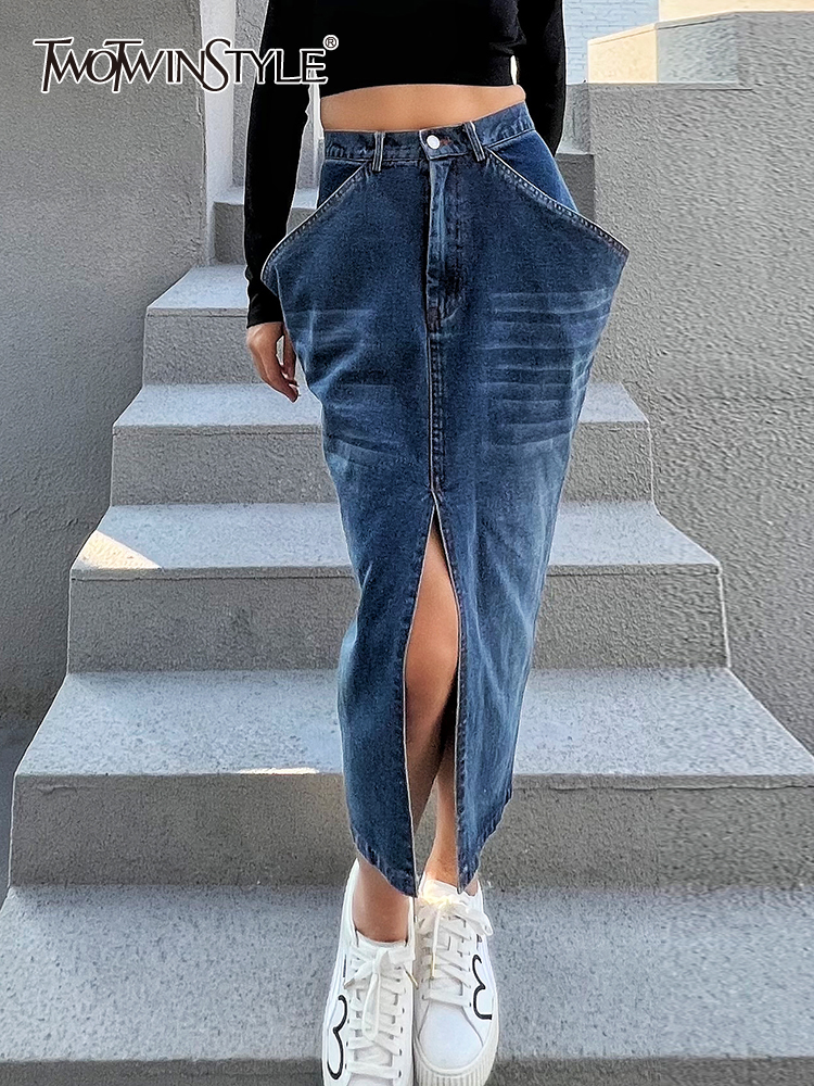 TWOTWINSTYLE Blue Denim Skirt For Women High Waist Straight Split Solid Streetwear Midi Skirts Female Fashion Clothing New 2022 1