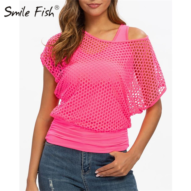 New Mesh Grid Short Sleeve Casual Neon Green Sexy Hollow Out Mesh Cover T Shirt and Tank Tops Women Fashion Blusas Shirts G1005 1