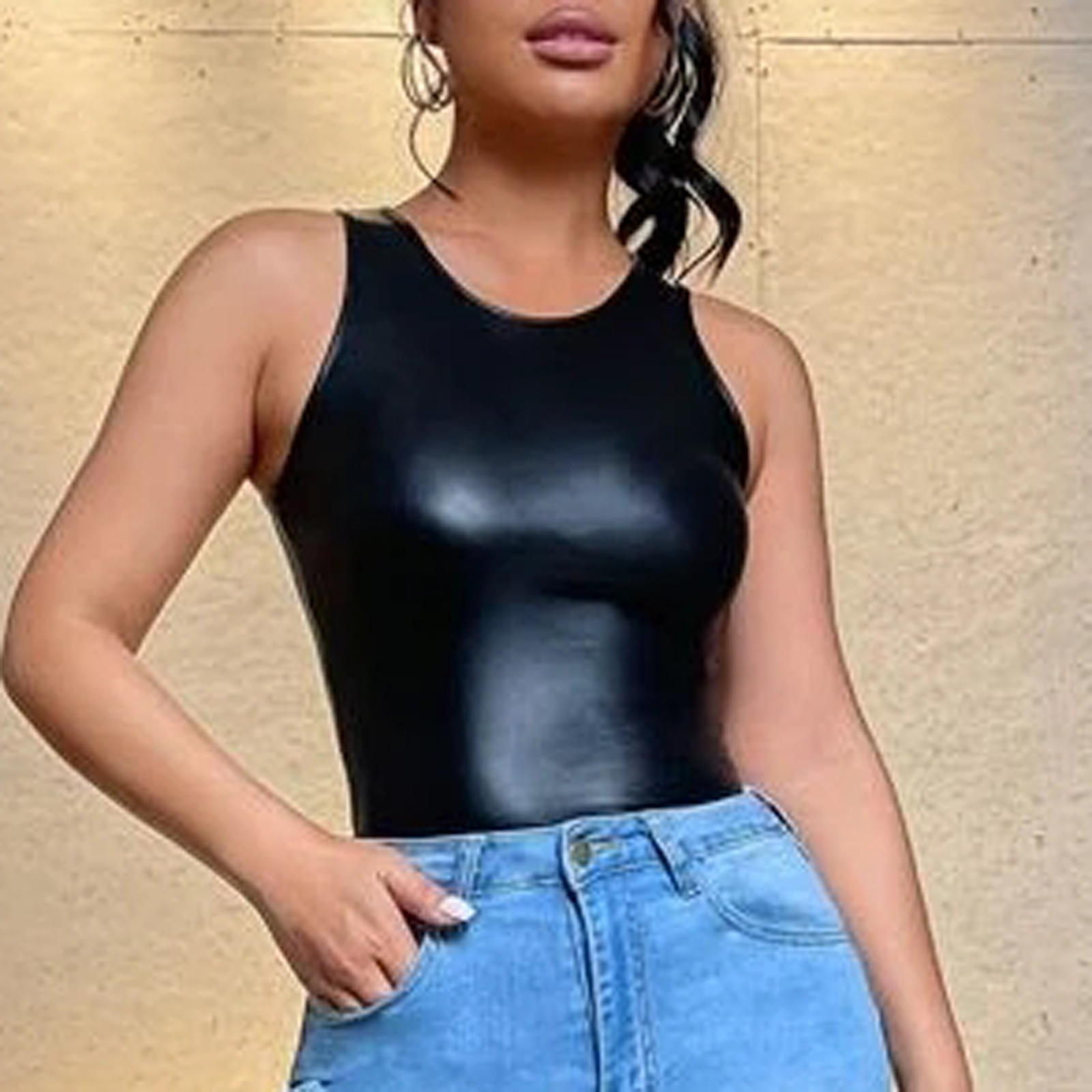Glitter Strappy Tank Top Women Pu Leather Gothic Top Summer Sleeveless Sexy Camisole Ladies Black Vest Bodycon Crop Tops YJ 1