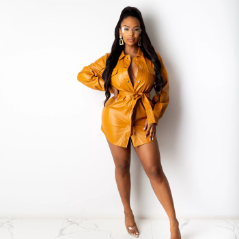 2022 PU Faux Leather Shirt Women Clothing Turn-down Collar Button Mini Party Dress Night Club Wear Elegantes with Belt Vestido 2