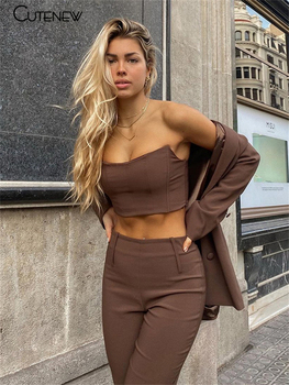 Cutenew Y2K Elegant Trend Two Piece Sets Women Strapless Top+High-Waist Straight-Leg Pants Brown Solid Casual Streetwear Outfits 2
