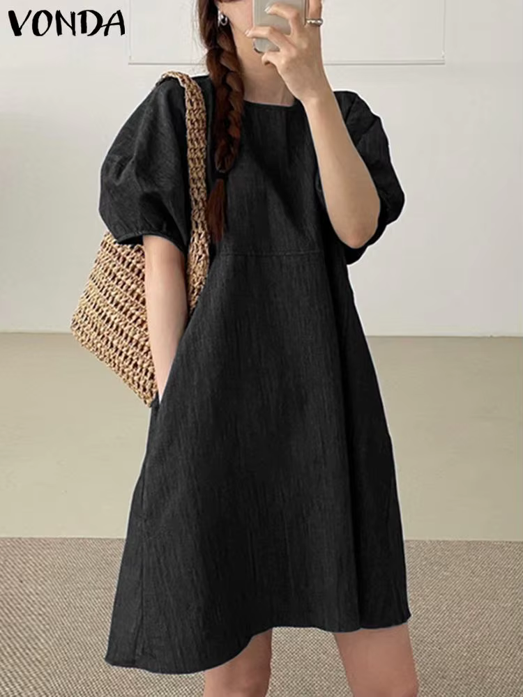 VONDA Women Dress 2023 Casual Short Puff Sleeve Party Denim Dress Elegant Sundress Solid Color Vestidos Bandage 1 VONDA Women Dress 2023 Casual Short Puff Sleeve Party Denim Dress Elegant Sundress Solid Color Vestidos Bandage 1