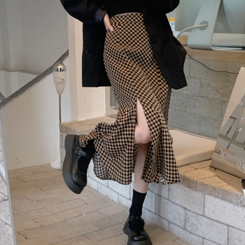 Slim Vintage High Waist Plaid Mermaid Skirt Women Split Autumn Mid Faldas Mujer Fashion OL Temperament Trumpet Sexy Street 1