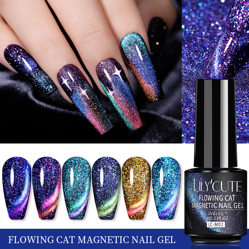 LILYCUTE 7ml Flowing Cat Magnetic Gel Polish Semi Permanent Glitter Magnetic Nail Gel Soak Off UV Gel Nail Art Gel Varnish 1