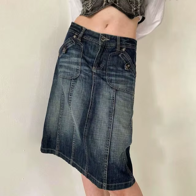 Faldas Vintage Y2k Denim Skirt Women Low Waist Washed Distressed Pocket Patchwork A Line Knee Length Skirt Casual Streetwear 1